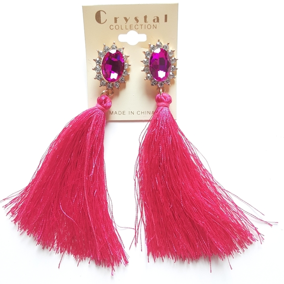 Crystal Collection Hot Pink Tassel Earrings - Picture 4 of 10